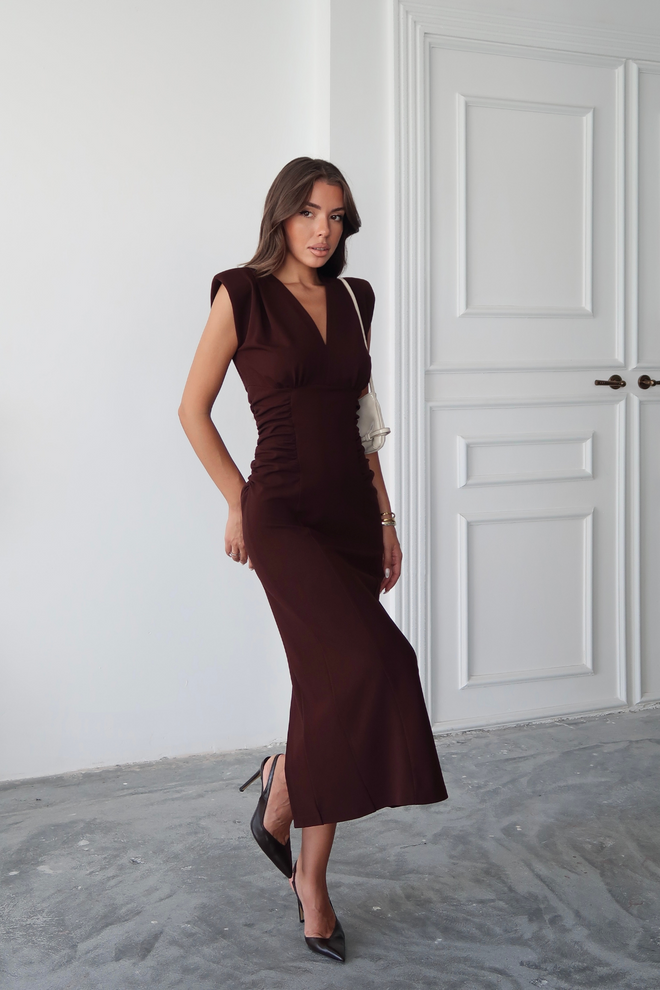 Ello Elegant Brown Sheath Dress With Cap Sleeves Wholesale Clothing Work