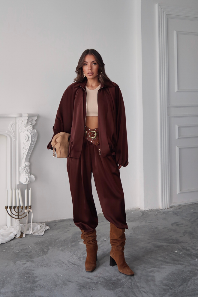 Ello Brown Oversized Windbreaker Jacket With Zip Up Wholesale Clothing Spring