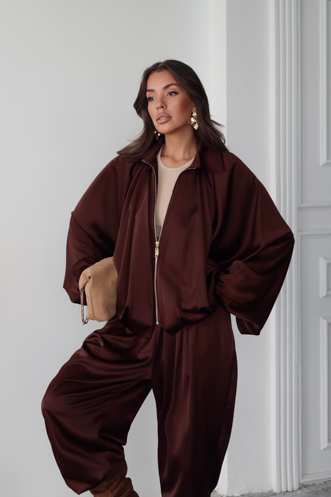 Ello Brown Oversized Windbreaker Jacket With Zip Up Wholesale Clothing Work