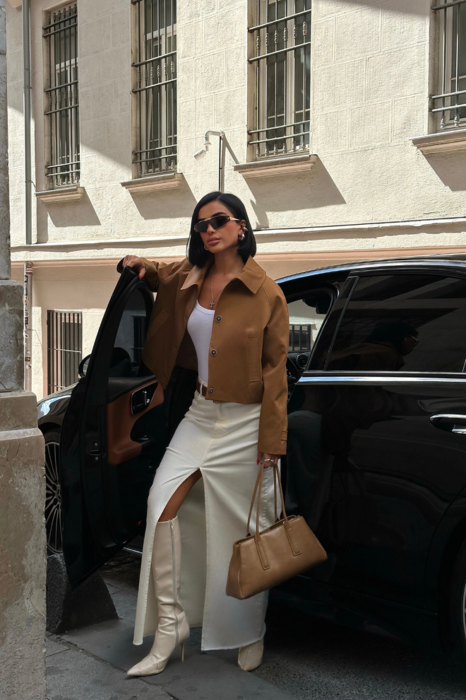 Ello Blouson Surchemise Brun Grande Taille Avec Col En Pointe Vêtements en gros Décontracté