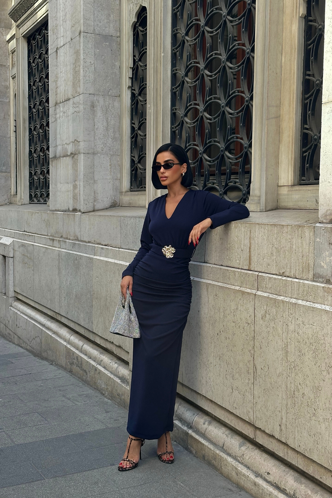 Ello Κομψό Φόρεμα Bodycon Σε Μπλε Μαρέν Με V neck Χονδρικό εμπόριο ενδυμάτων Σέξι