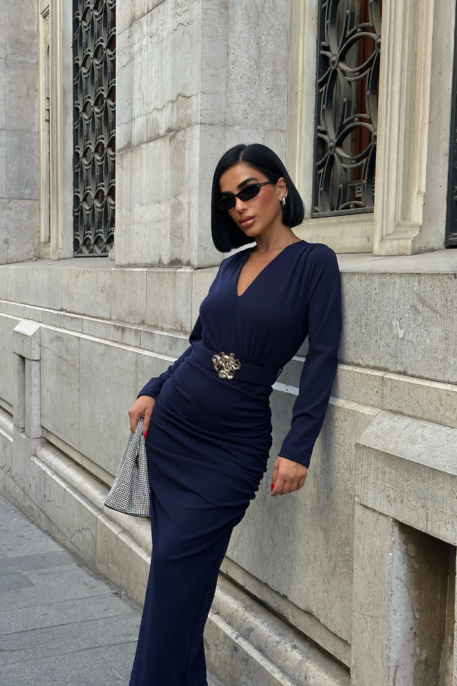 Ello Κομψό Φόρεμα Bodycon Σε Μπλε Μαρέν Με V neck Χονδρικό εμπόριο ενδυμάτων 1