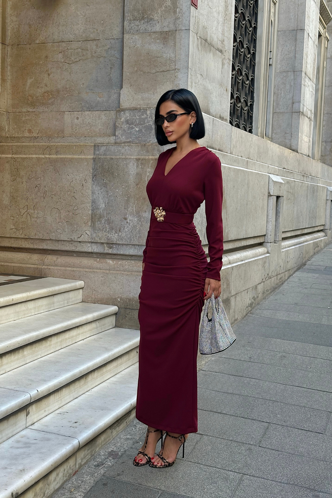 Ello Μπορντό Bodycon Φόρεμα Με V Neck Και Μήκος Δαπέδου Χονδρικό εμπόριο ενδυμάτων Σέξι