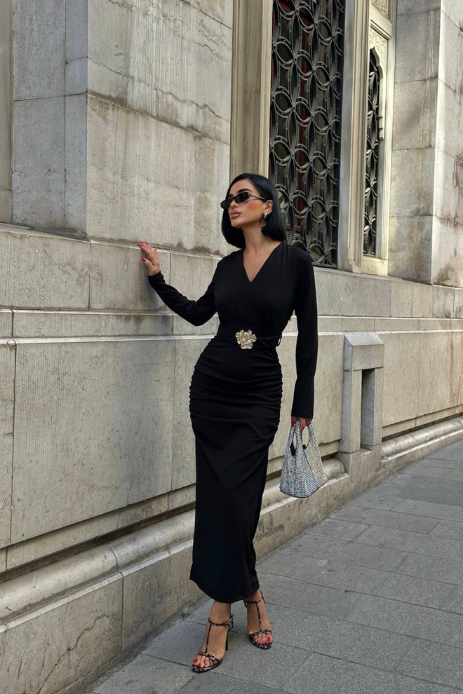 Ello Μαύρο Κομψό Bodycon Midi Φόρεμα Με V λαιμόκοψη Χονδρικό εμπόριο ενδυμάτων Σέξι