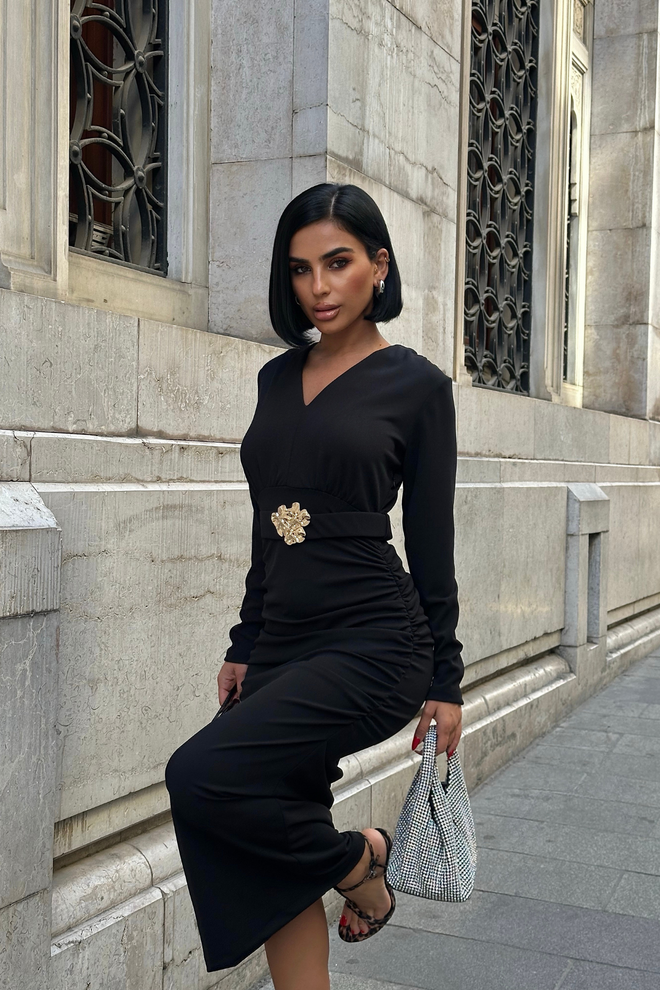 Ello Μαύρο Κομψό Bodycon Midi Φόρεμα Με V λαιμόκοψη Χονδρικό εμπόριο ενδυμάτων Εργασία