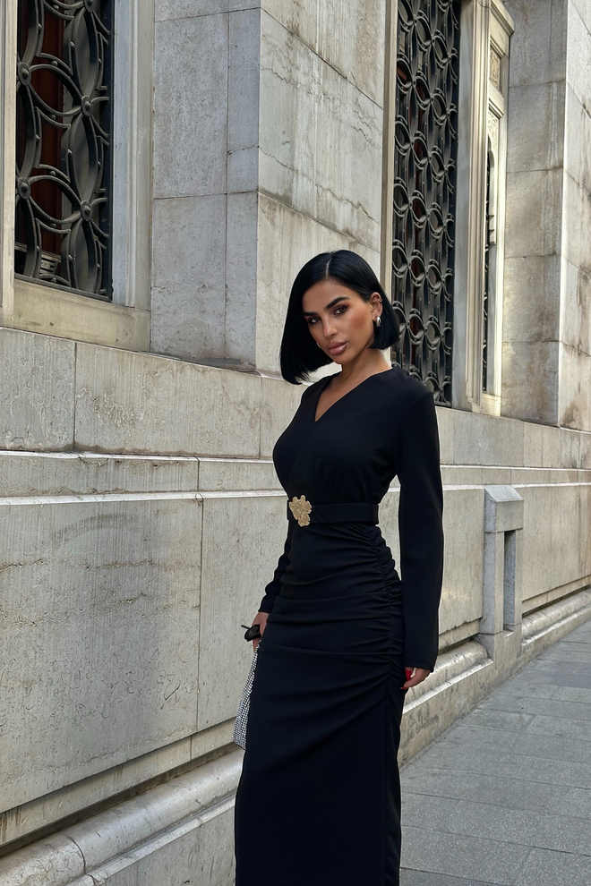 Ello Μαύρο Κομψό Bodycon Midi Φόρεμα Με V λαιμόκοψη Χονδρικό εμπόριο ενδυμάτων Άνοιξη