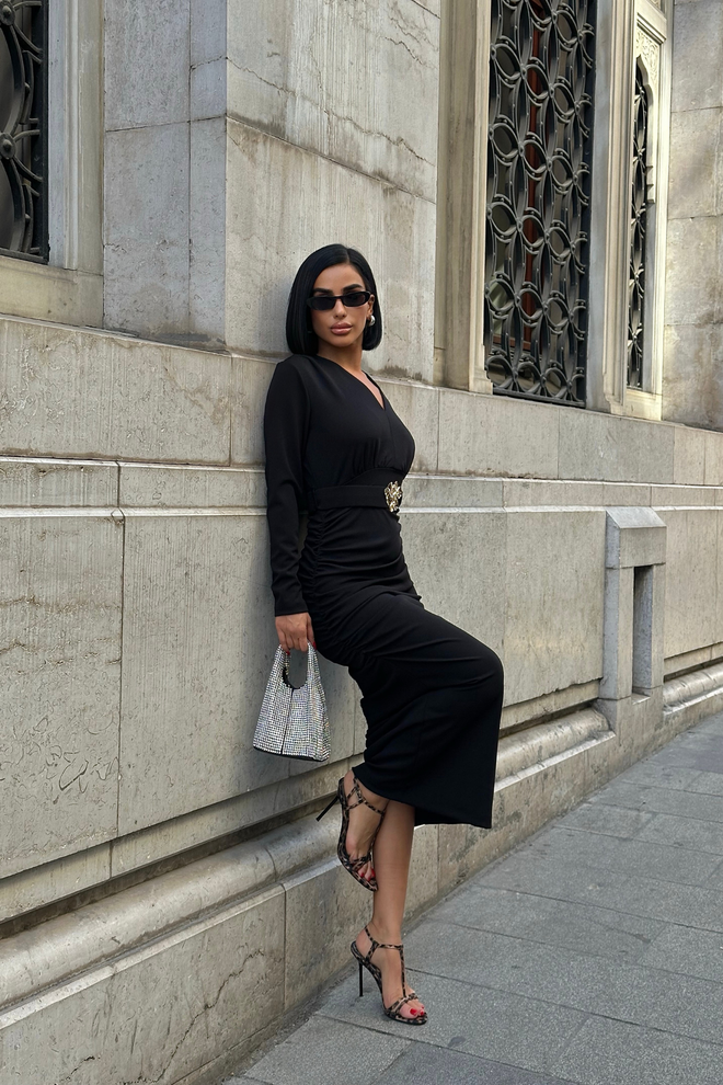 Ello Μαύρο Κομψό Bodycon Midi Φόρεμα Με V λαιμόκοψη Χονδρικό εμπόριο ενδυμάτων Επίσημο