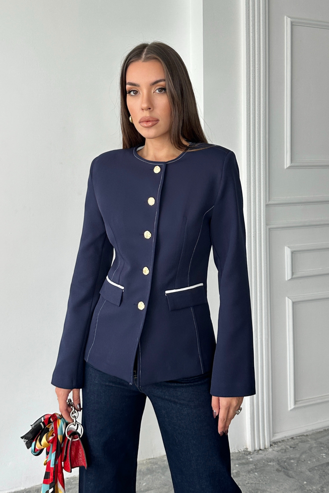 Ello Elegantný Priliehavý Jednoradový Blazer Bunda Navy Blue Veľkoobchod s oblečením Jar