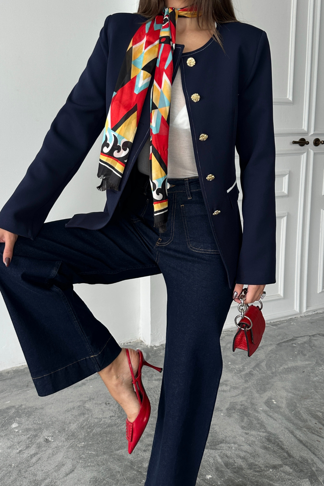 Ello Elegantný Priliehavý Jednoradový Blazer Bunda Navy Blue Veľkoobchod s oblečením Práca