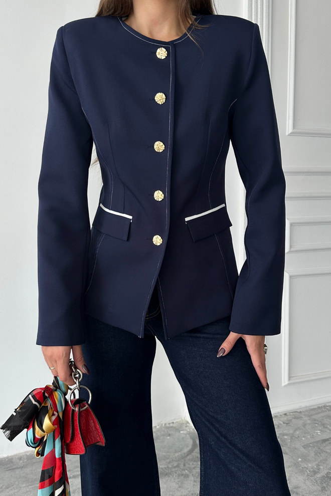 Ello Elegantný Priliehavý Jednoradový Blazer Bunda Navy Blue Veľkoobchod s oblečením 1