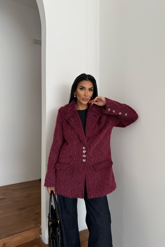 Ello Bordowa Czerwień Elegancka Marynarka Jednorzędowa Kurtka Hurtowa sprzedaż odzieży Casual