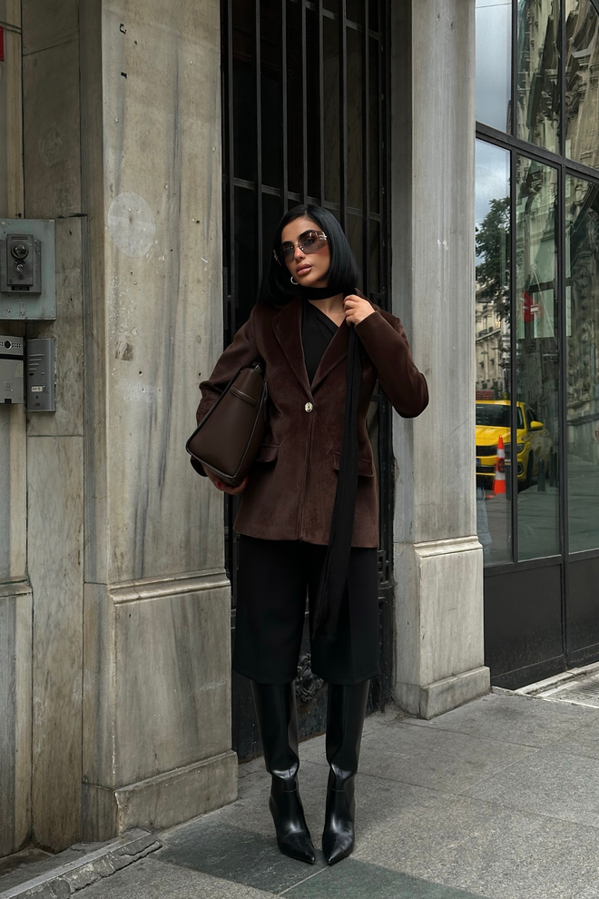 Ello Brown Elegant Single Breasted Blazer Jacket Wholesale Clothing Work