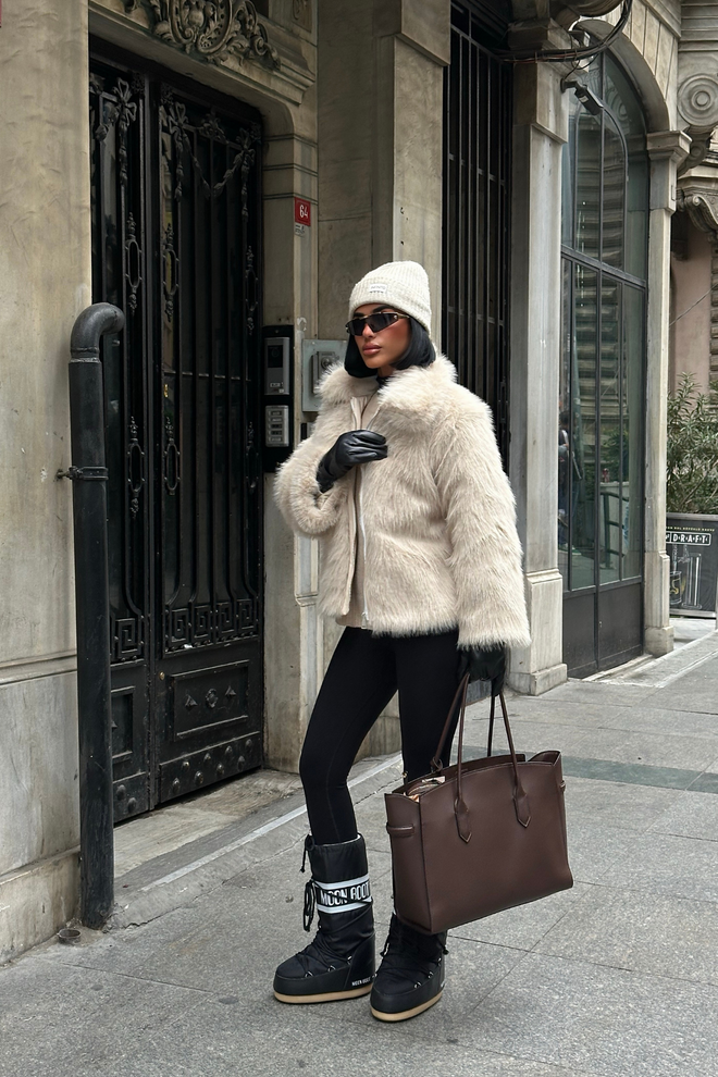 Ello Beige Fur Jacket With Zip Up & Slant Pocket Wholesale Clothing Streetwear