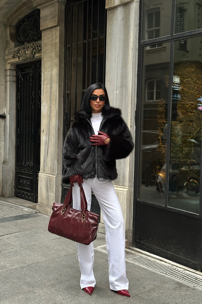 Ello Black Fur Jacket With Hooded Collar Elegant And Glam Wholesale Clothing Cocktail