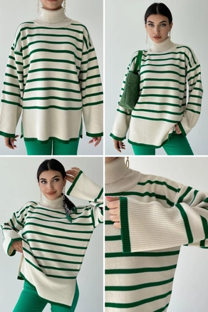 A model wears 25581 - Sweater - Ecru And Green, wholesale undefined of Etika to display at Lonca