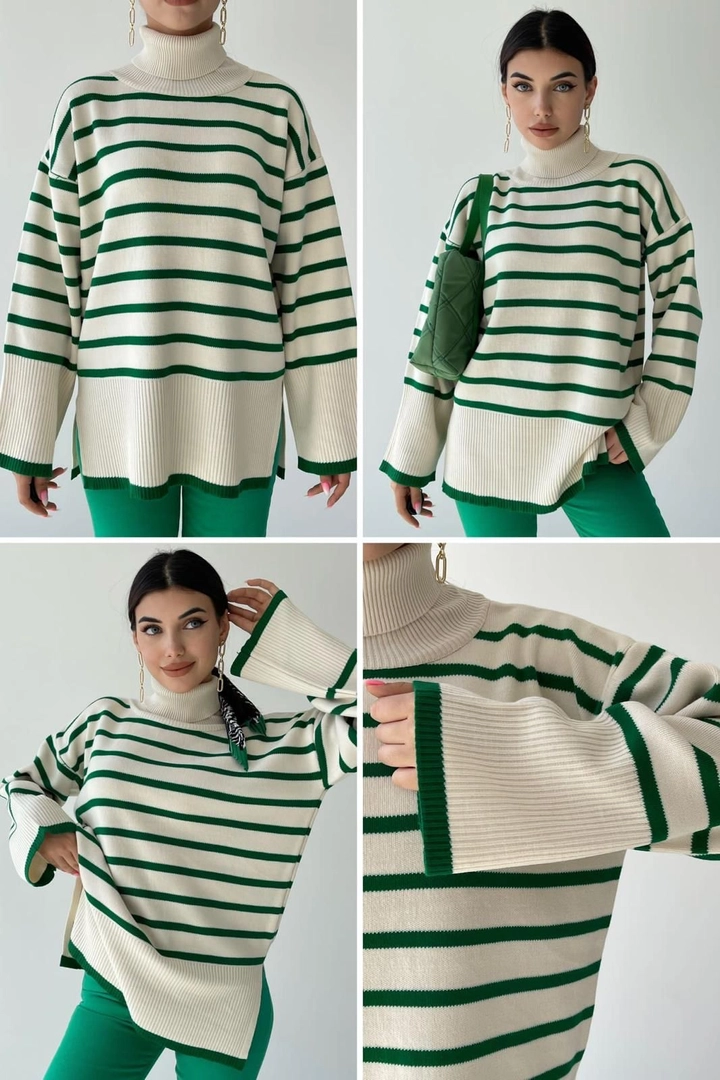 Bir model, Etika toptan giyim markasının 25581 - Sweater - Ecru And Green toptan Kazak ürününü sergiliyor.