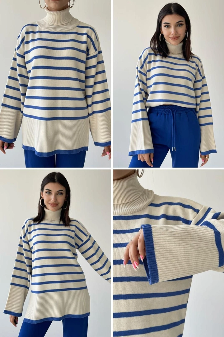 A wholesale clothing model wears 25582 - Sweater - Ecru And Blue, Turkish wholesale Sweater of Etika