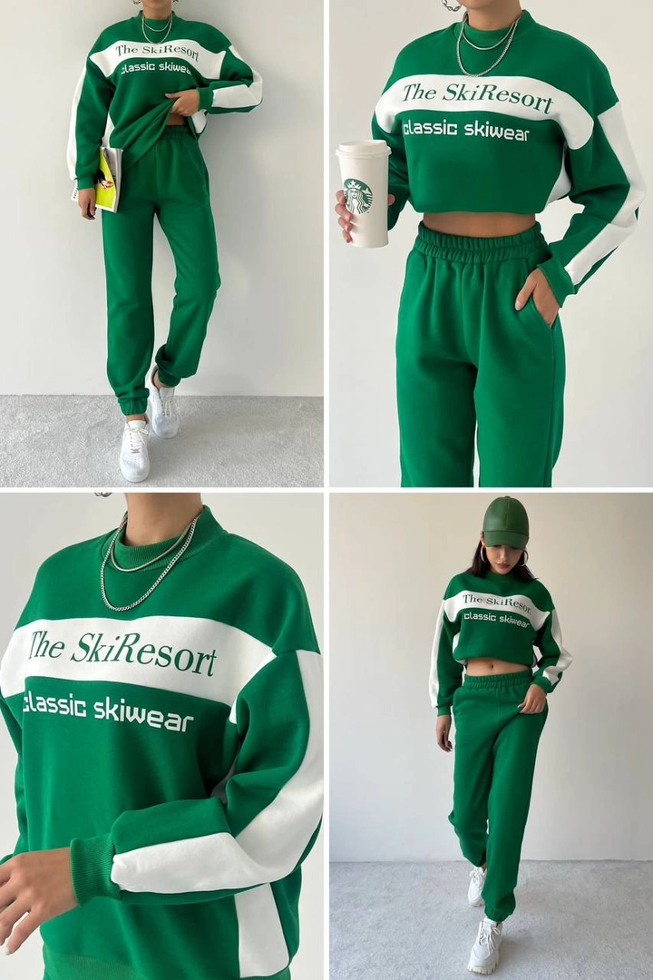 A wholesale clothing model wears 28406 - Tracksuit - Green, Turkish wholesale Tracksuit of Etika