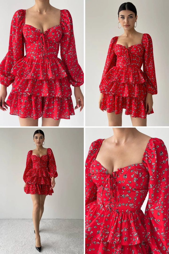 A wholesale clothing model wears 29595 - Dress - Red, Turkish wholesale Dress of Etika