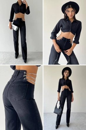 A model wears 29596 - Jeans - Black, wholesale Jeans of Etika to display at Lonca