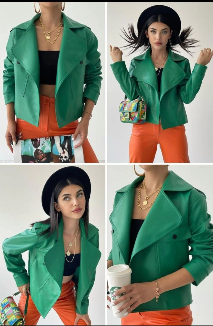 Una modella di abbigliamento all'ingrosso indossa 29600 - Jacket - Green, vendita all'ingrosso turca di Giacca di Etika