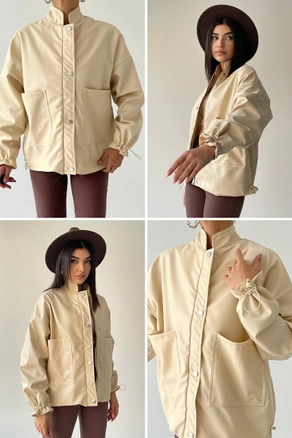 A model wears 29601 - Jacket - Beige, wholesale Jacket of Etika to display at Lonca