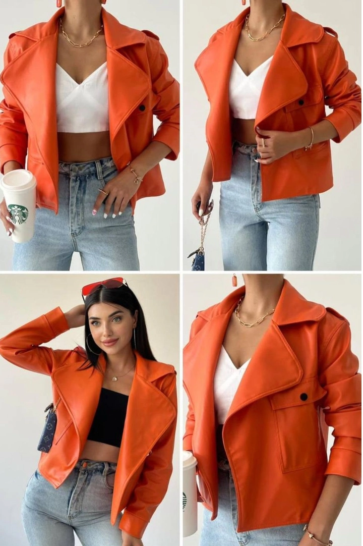Ένα μοντέλο χονδρικής πώλησης ρούχων φοράει 29602 - Jacket - Orange, τούρκικο Μπουφάν χονδρικής πώλησης από Etika