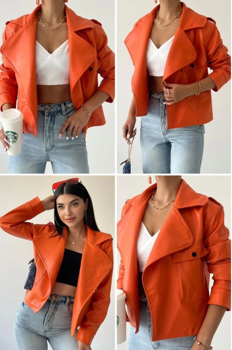 A model wears 29602 - Jacket - Orange, wholesale Jacket of Etika to display at Lonca