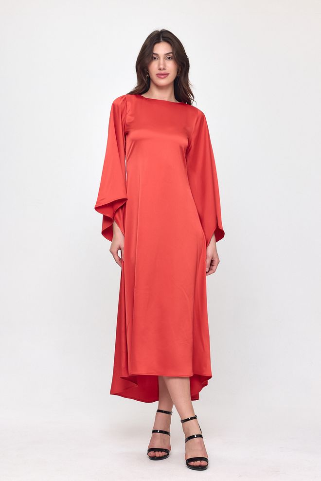 Evable Nob Rode Satijnen Lange Jurk Met Vleermuismouwen Groothandel Kleding Elegant