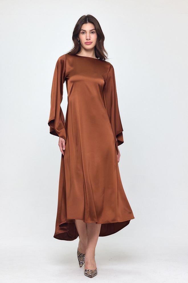 Evable Коричневое Атласное Длинное Платье С Рукавами Nob Оптовая продажа одежды Нет ткани