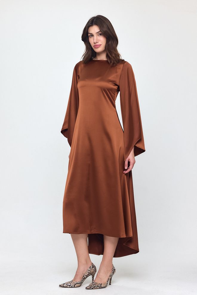 Evable Коричневое Атласное Длинное Платье С Рукавами Nob Оптовая продажа одежды Вечер