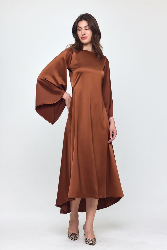 Evable Коричневое Атласное Длинное Платье С Рукавами Nob Оптовая продажа одежды Весна