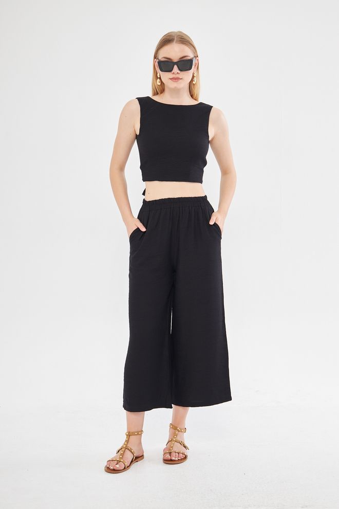 Evable Bequeme Kurze Schlupfhose Mit Weitem Bein Und Leinen In Schwarz Großhandelskleidung Leinen