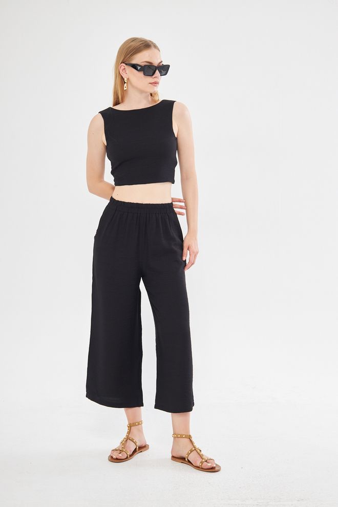 Evable Bequeme Kurze Schlupfhose Mit Weitem Bein Und Leinen In Schwarz Großhandelskleidung Sommer