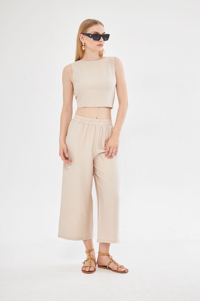 Evable Comfy Short Wide Leg Pull On Trouser With Linen In Beige Wholesale Clothing Birthday
