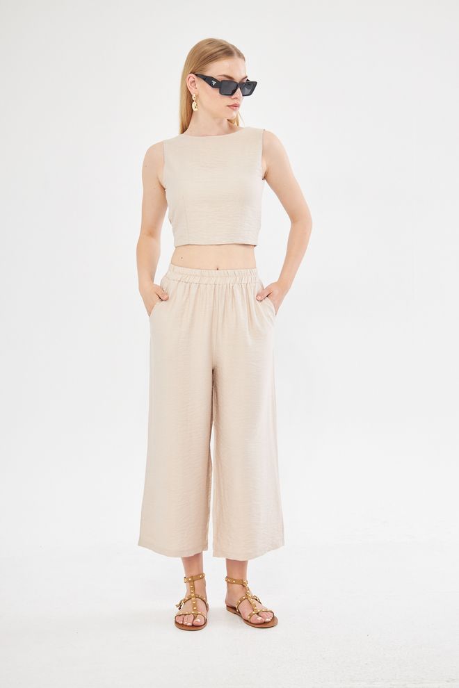Evable Comfy Short Wide Leg Pull On Trouser With Linen In Beige Wholesale Clothing Summer