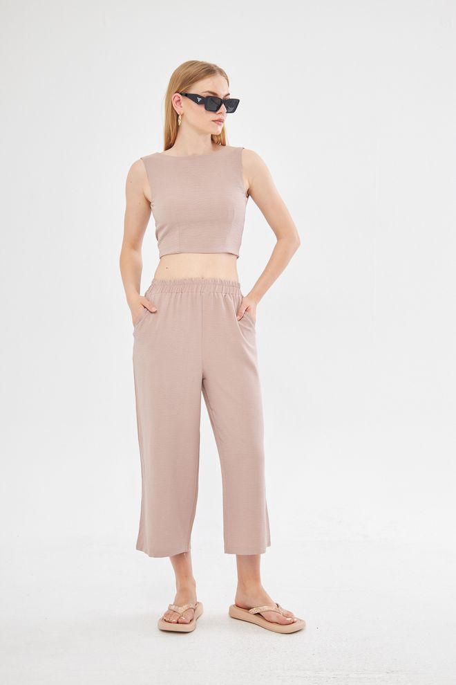 Evable Удобен Къс Панталон С Широки Крачоли И Бельо В Цвят Dusty Rose Дрехи на едро Лен
