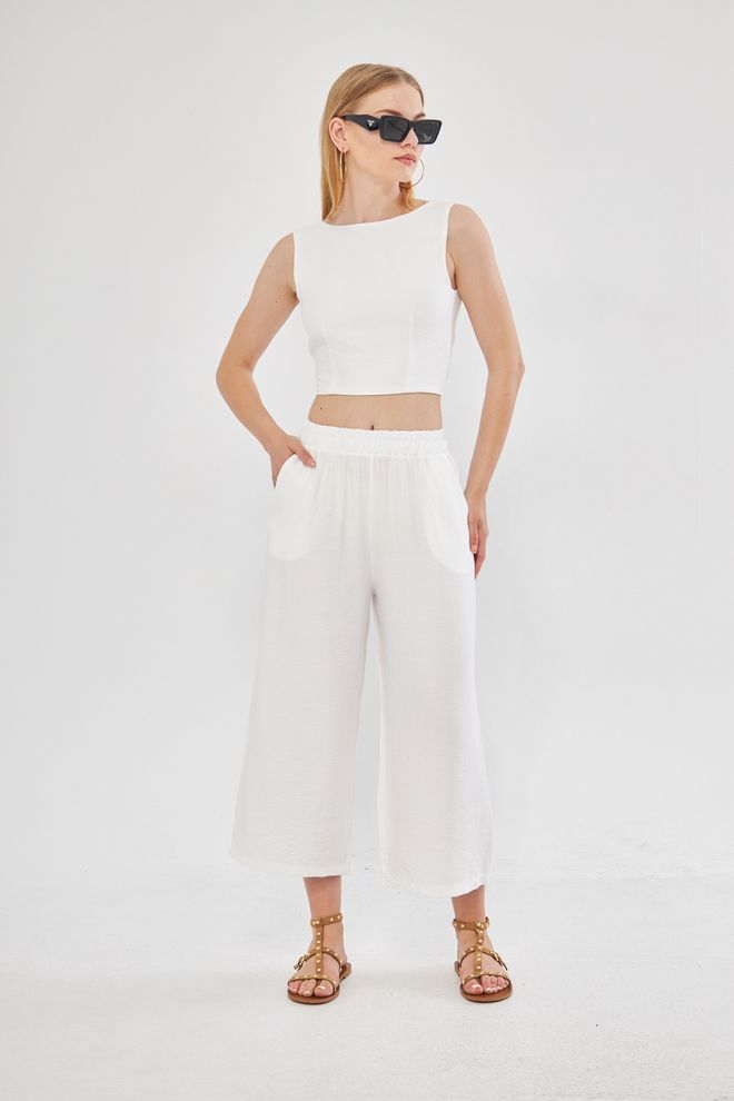 Evable Patogios Trumpos Plačios Kelnės Su Baltos Spalvos Linu Didmeninė prekyba drabužiais Marmuro raštas