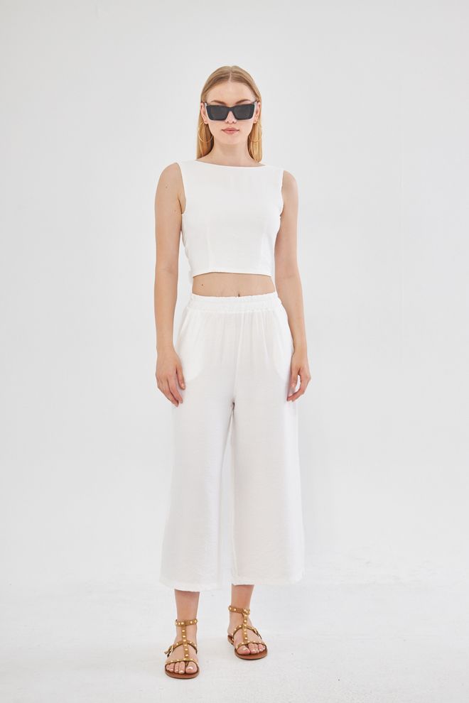 Evable Patogios Trumpos Plačios Kelnės Su Baltos Spalvos Linu Didmeninė prekyba drabužiais Gimtadienis