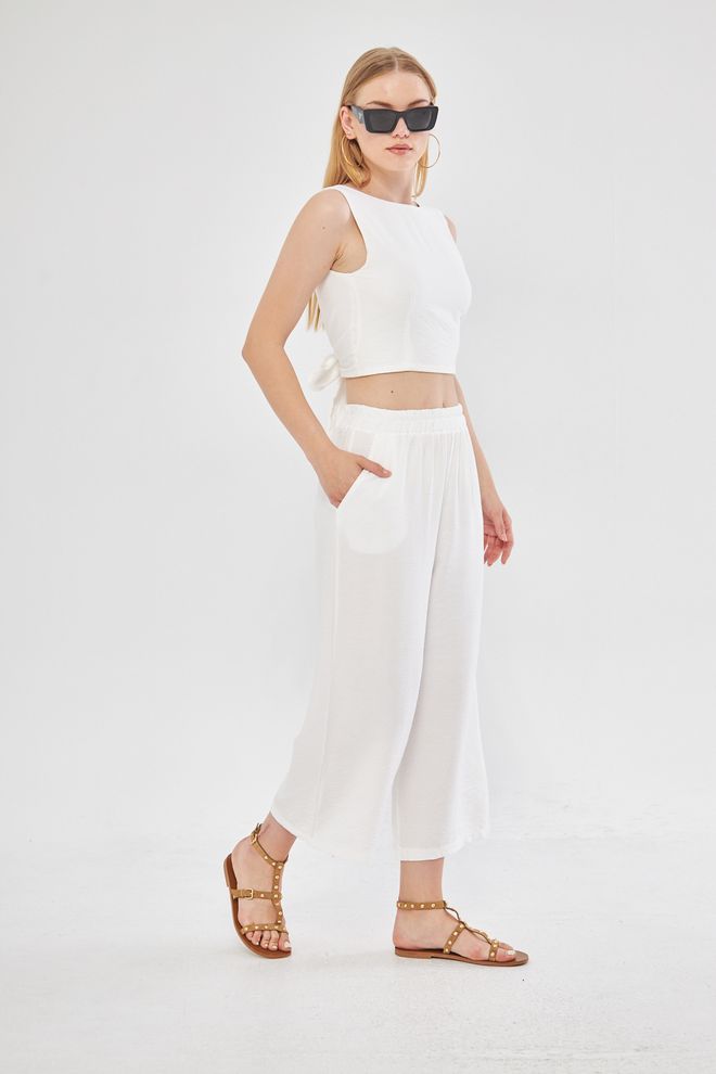 Evable Patogios Trumpos Plačios Kelnės Su Baltos Spalvos Linu Didmeninė prekyba drabužiais 4