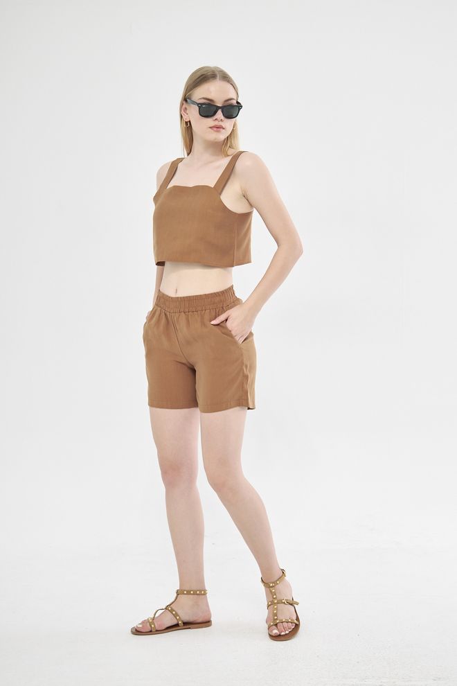 Evable Linen Shorts Brown Wholesale Clothing Linen