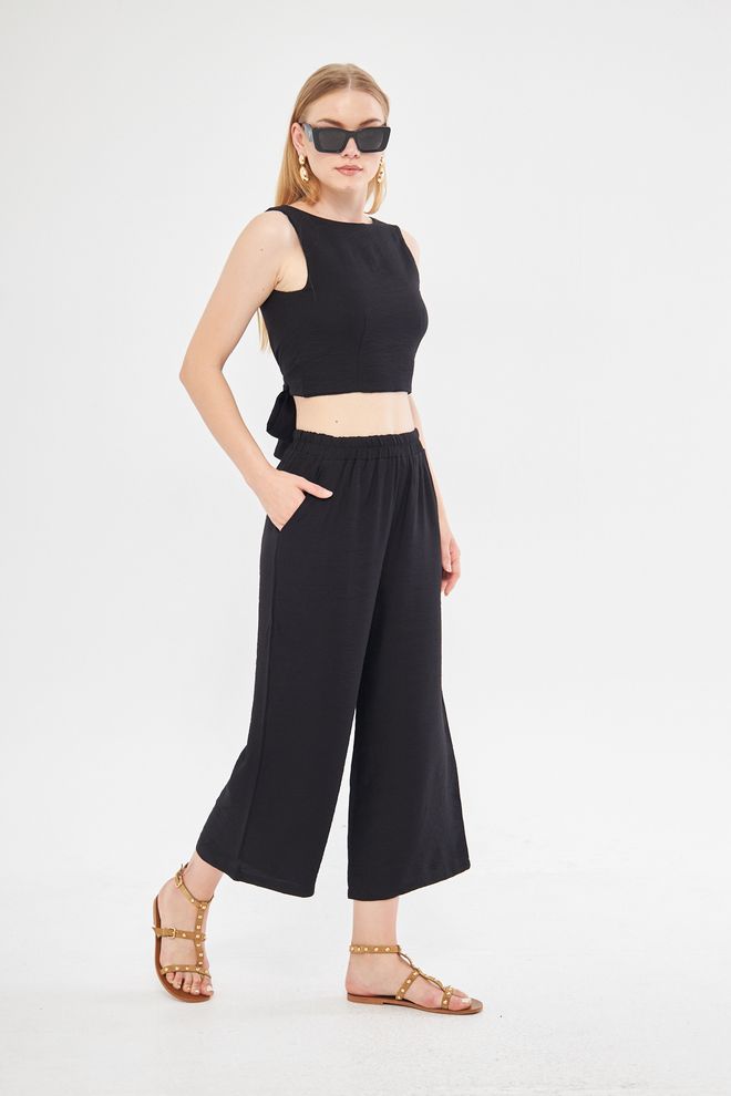 Evable Comfy Closed Neck Open Back Belted Blouse In Black Wholesale Clothing Summer