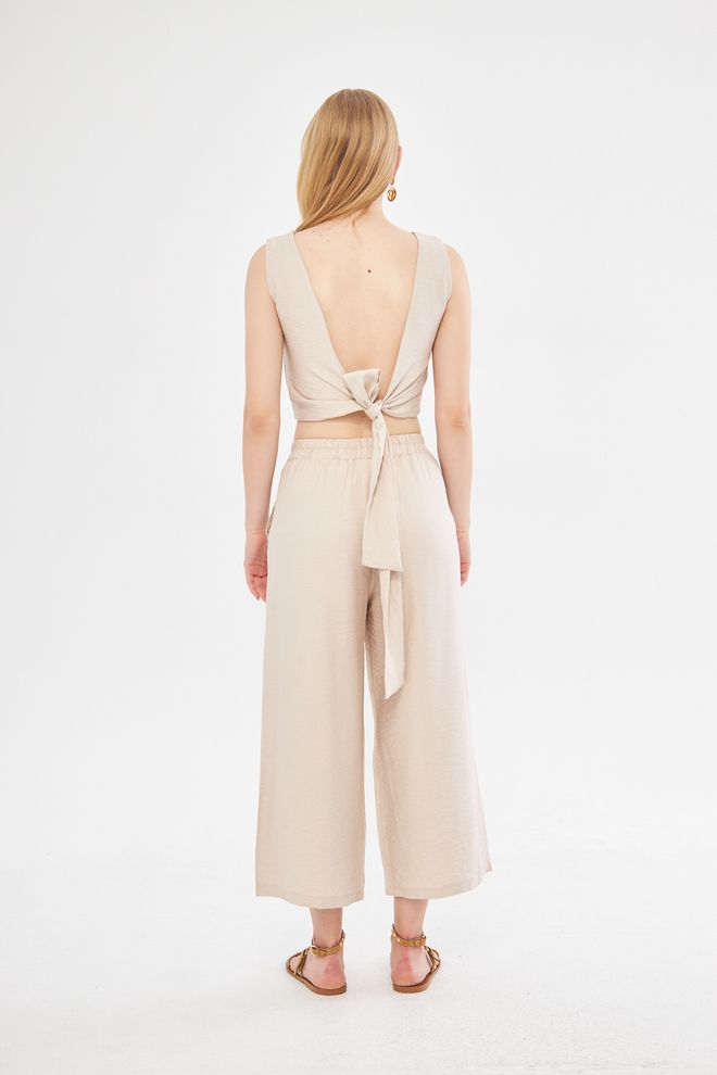 Evable Comfy Closed Neck Open Back Belted Blouse In Beige Wholesale Clothing Linen