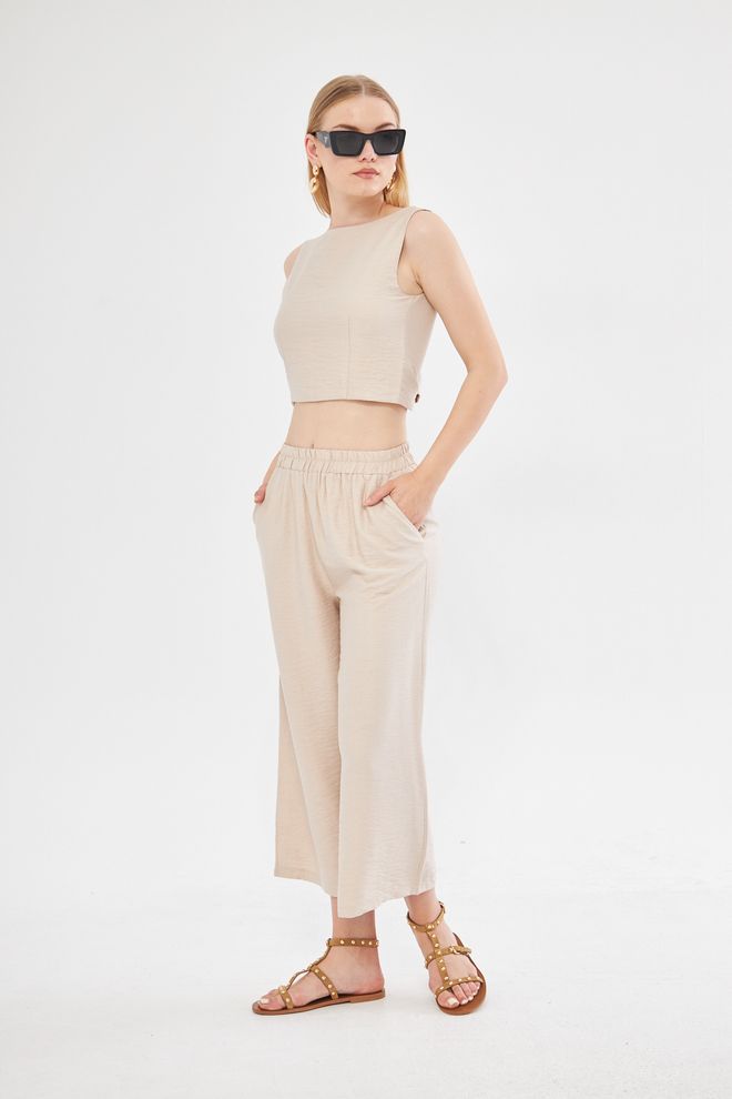 Evable Comfy Closed Neck Open Back Belted Blouse In Beige Wholesale Clothing Summer