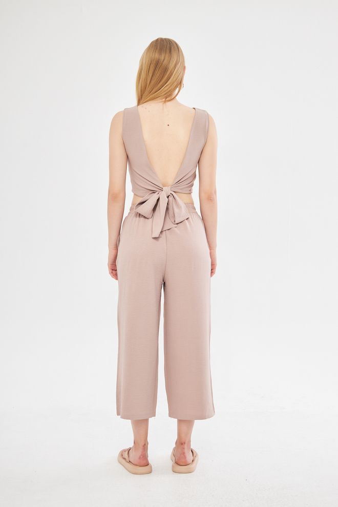 Evable Comfy Closed Neck Open Back Belted Blouse In Dusty Rose Wholesale Clothing Linen