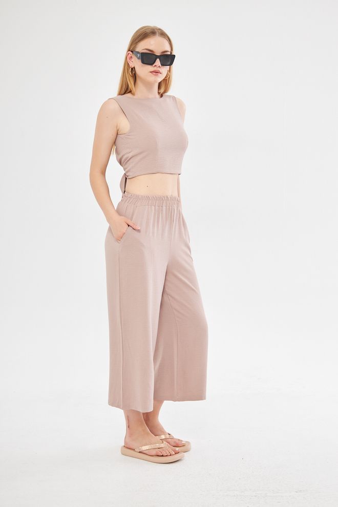 Evable Comfy Closed Neck Open Back Belted Blouse In Dusty Rose Wholesale Clothing Birthday