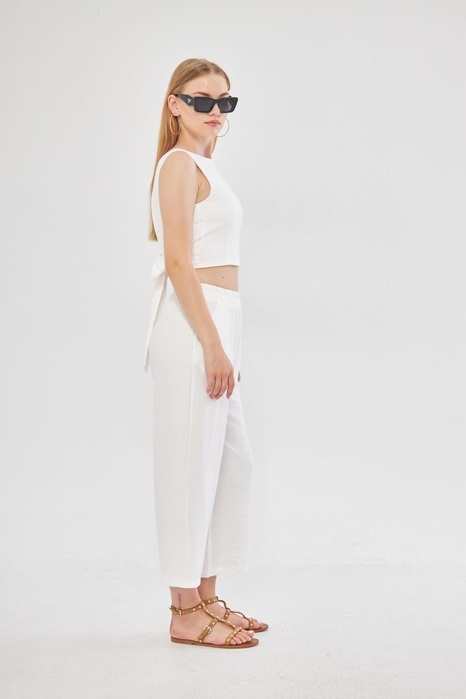 Evable Comfy Closed Neck Open Back Belted Blouse In White Wholesale Clothing Birthday