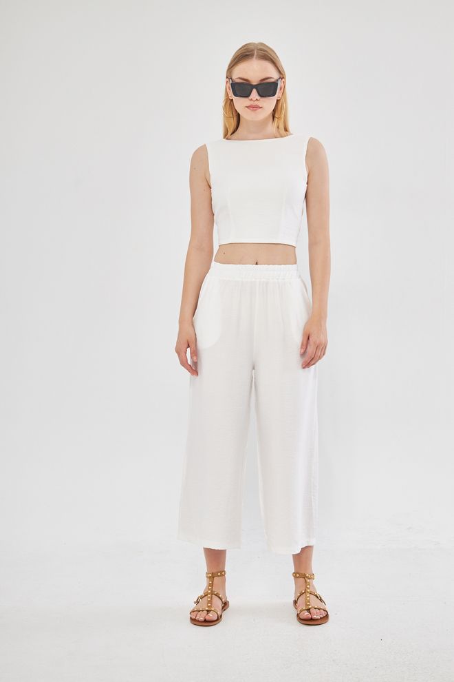 Evable Comfy Closed Neck Open Back Belted Blouse In White Wholesale Clothing Summer