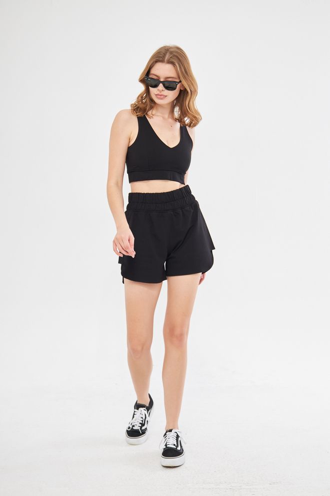 Evable Olla Cinto Largo Cintura Alta Shorts Preto Roupas por atacado Casual
