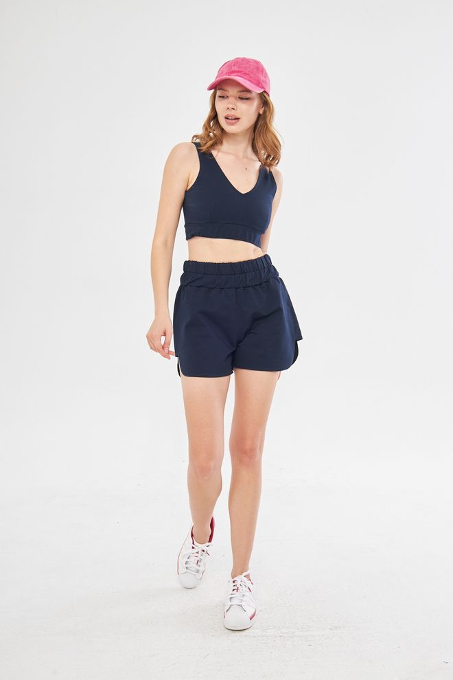 Evable Shorts Olla Wide Belt Cintura Alta Azul Marinho Roupas por atacado Casual